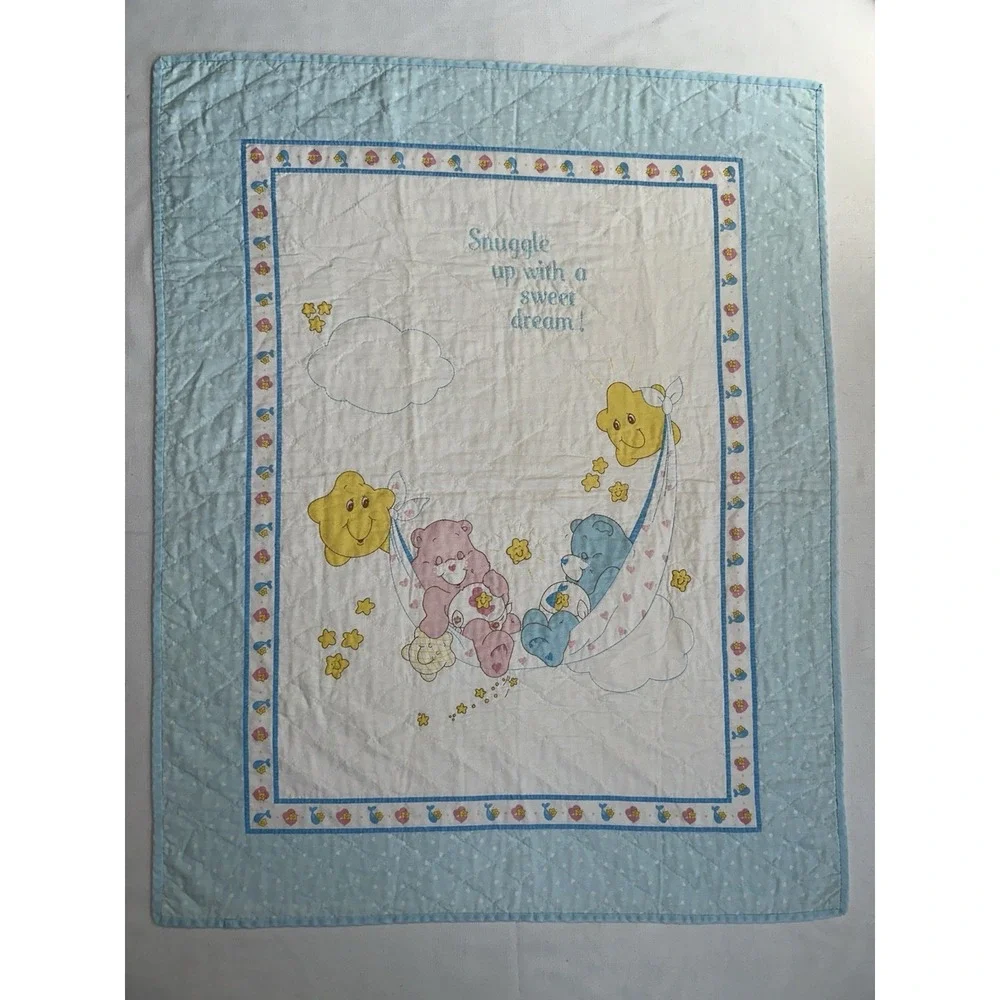 Vtg Care Bears Baby Crib Quilt Handmade 32x43 Nursery Blanket Stars Blue Edge